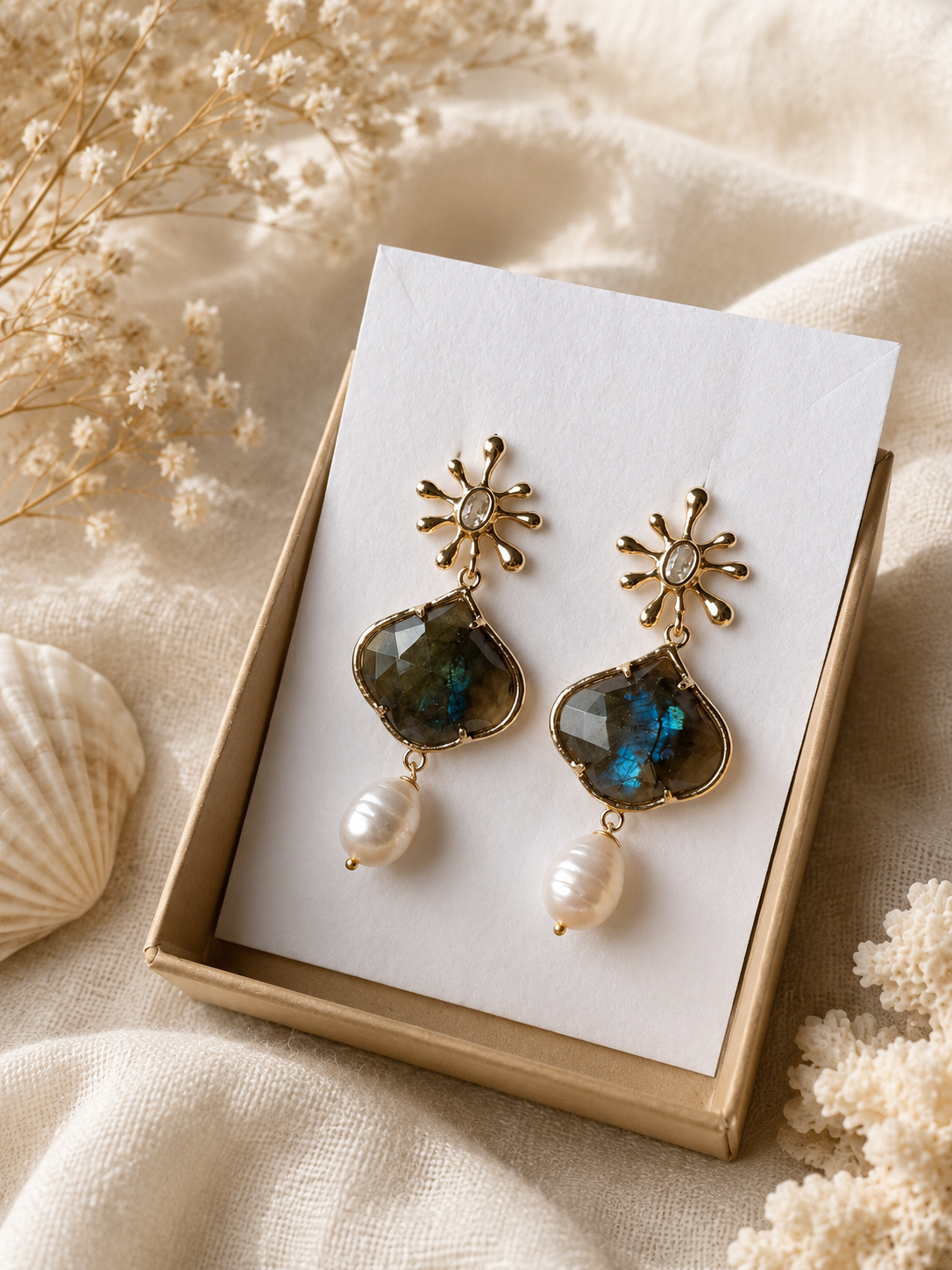 Orecchini pendenti in Labradorite sfaccettata e Perle Eterea Natural Stone