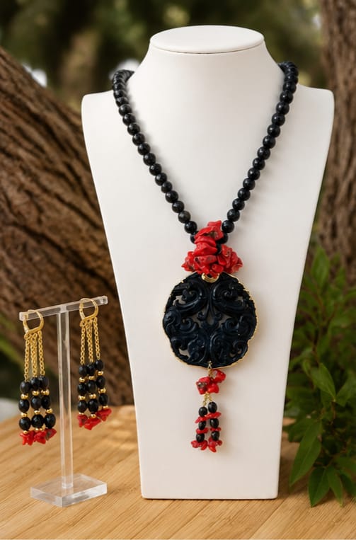 Set Collana e Orecchini in Ossidiana e Corallo Naturale Eterea Natural Stone