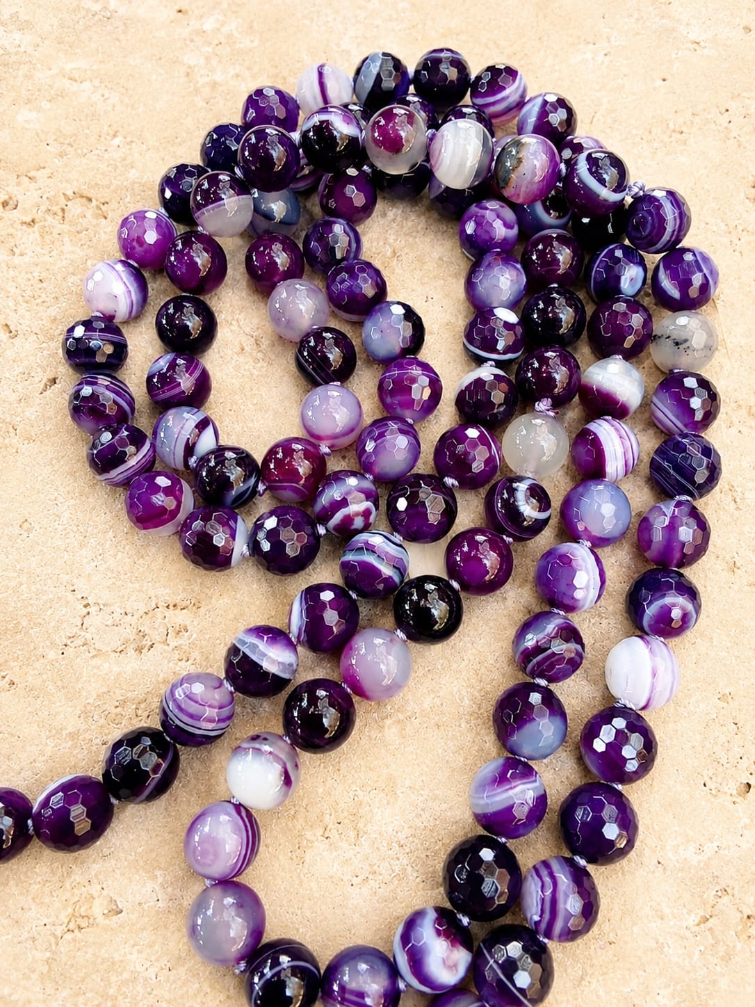 Collana Lunga 120 cm in Agata Viola Striata Sfaccettata 10 mm