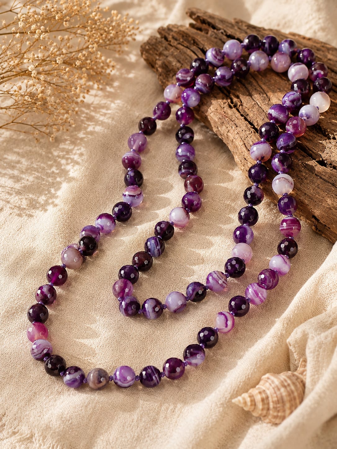Collana Lunga 120 cm in Agata Viola Striata Sfaccettata 10 mm
