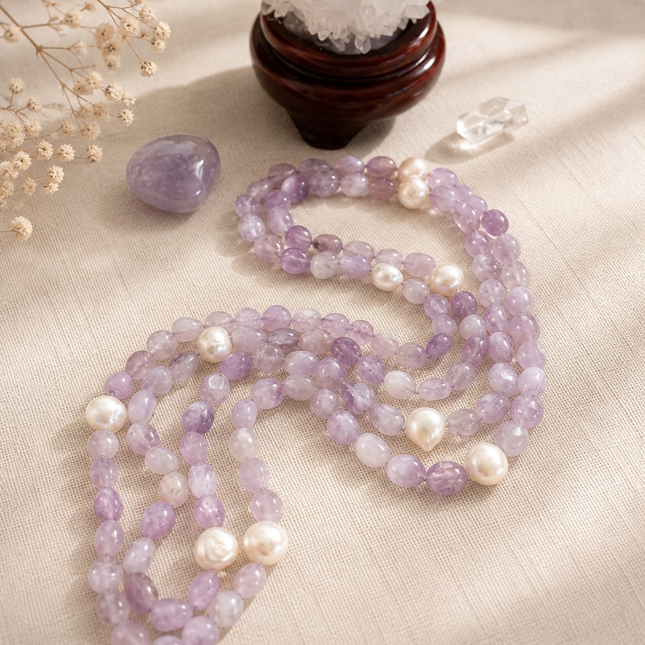 Collana Ametista Lavanda e Perle Naturali – 120 cm