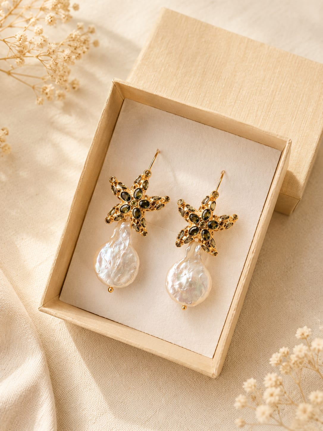 Orecchini Stella Marina con Perla Barocca Naturale – Orecchini Dorati Eleganti Stile Mare