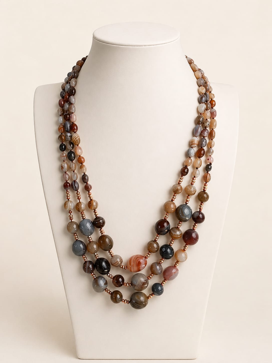 Collana Multi filo 3 Fili in Agata Botswana e Cristalli Naturali – 75 cm Eterea Natural Stone
