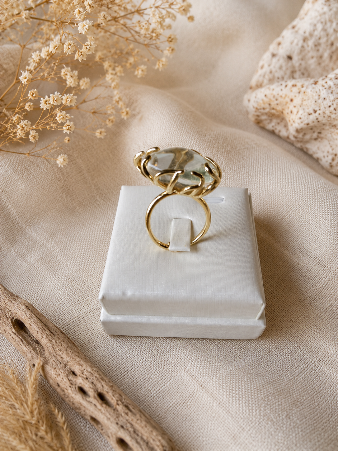 Anello Regolabile in Quarzo Giardino Naturale – Ottone Galvanizzato Color Oro