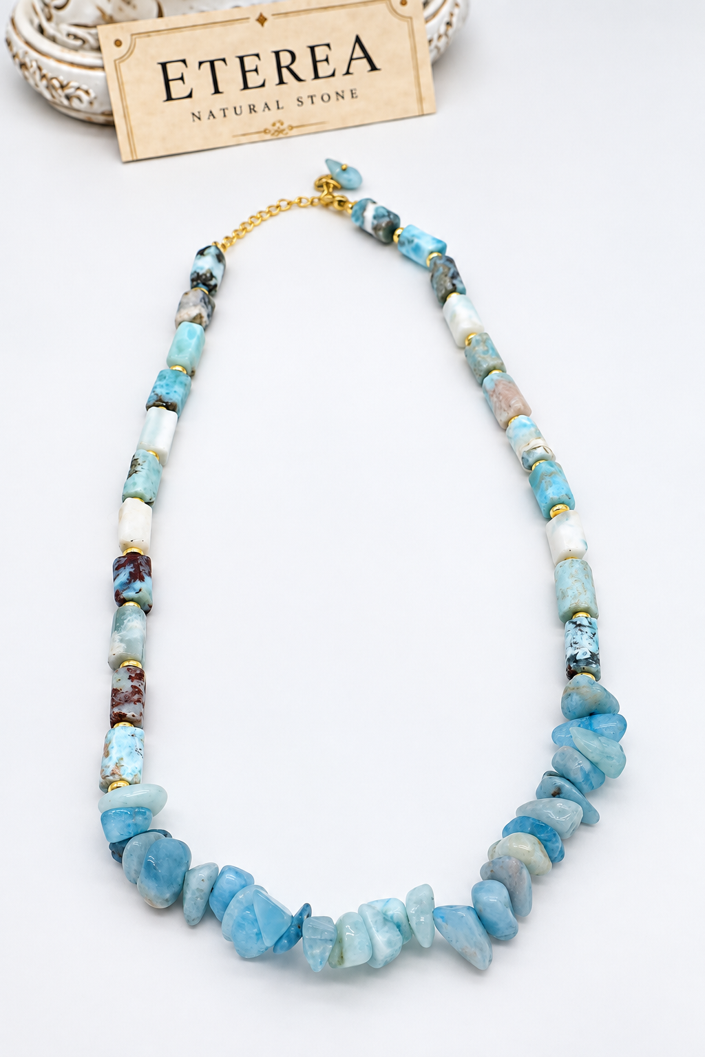 Girocollo Eterea in Larimar e Acquamarina naturale con distanziatori dorati