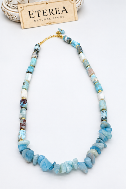 Girocollo Eterea in Larimar e Acquamarina naturale con distanziatori dorati