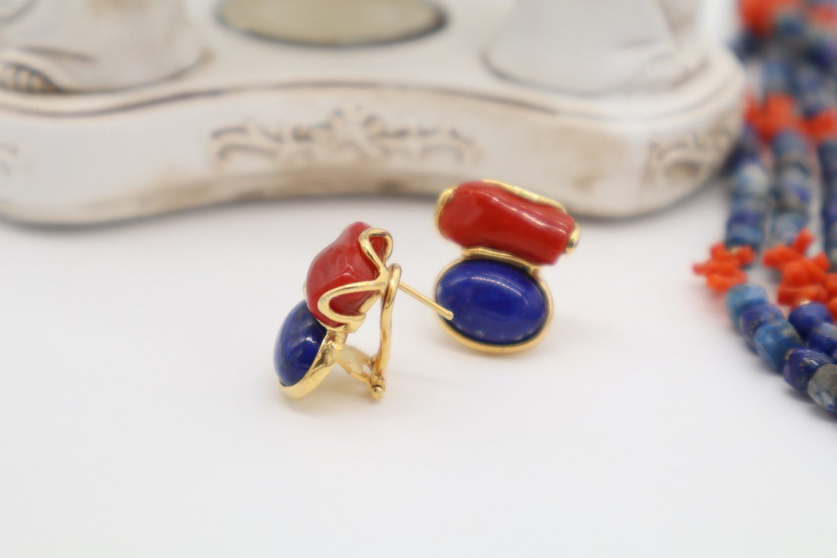 Orecchini in Argento 925 Placcato Oro con Corallo e Lapislazzuli
