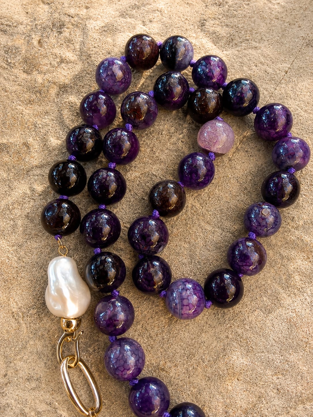 Collana Agata Craquelé Viola & Perle Barocche