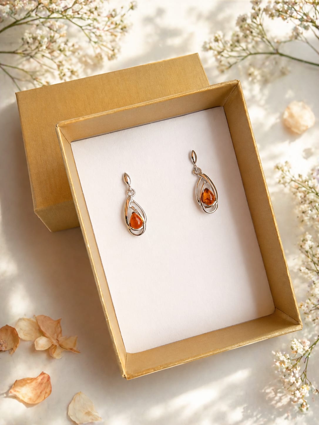 Orecchini Pendenti in Argento 925 con Ambra Baltica a Goccia
