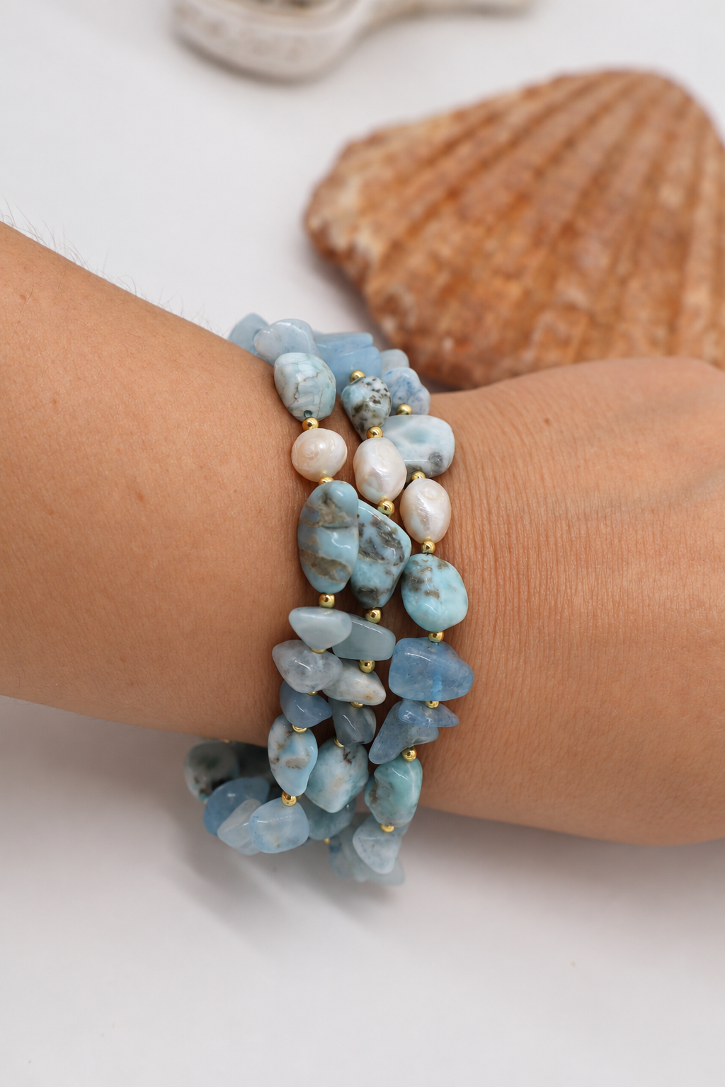 Bracciale Multifilo Acquamarina, Larimar e Perle di Fiume