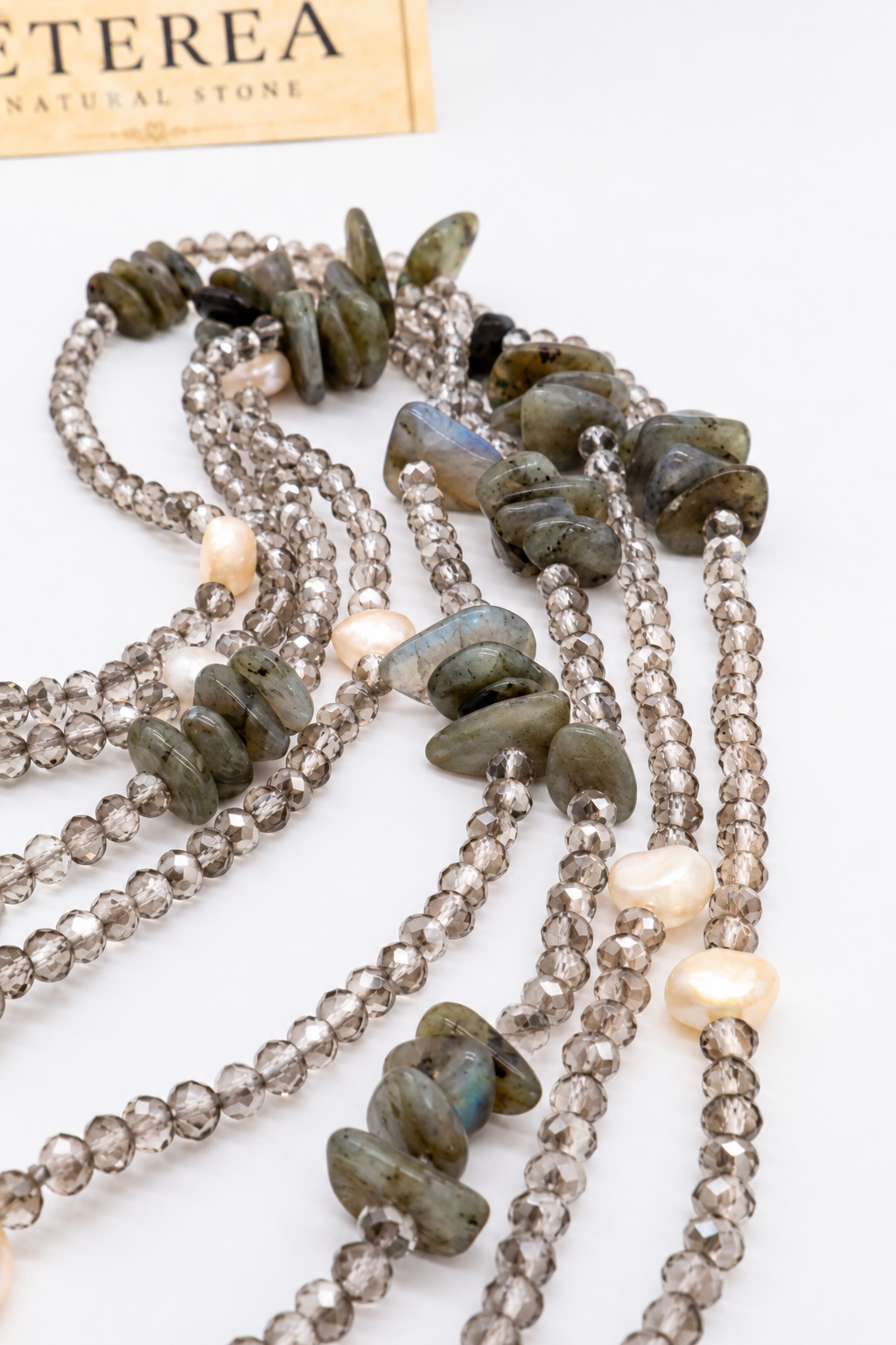 Collana Lunga 160 cm in Labradorite, Cristalli Sfaccettati e Perle Naturali Eterea Natural Stone