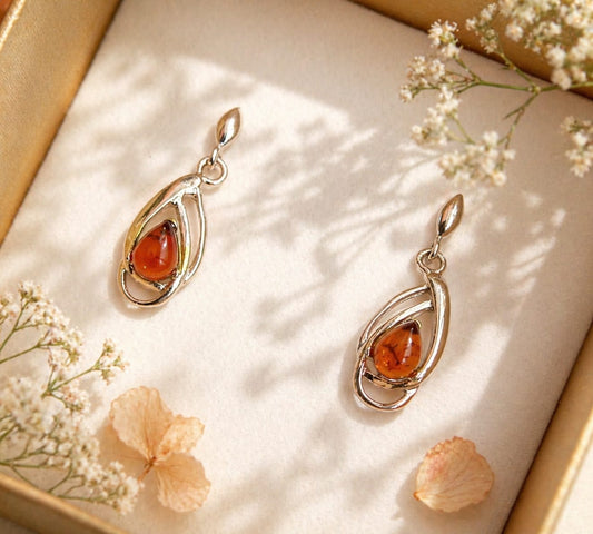 Orecchini Pendenti in Argento 925 con Ambra Baltica a Goccia