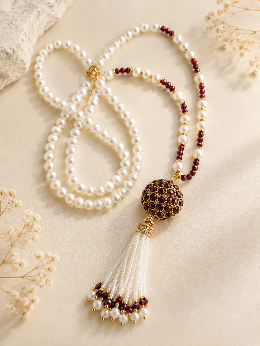 Collana Lunga con Perle di Majorca e Granato Sfaccettato con Pendente Nappina