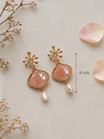 Boucles d'oreilles Pierre de Lune rose & Perles de rivière