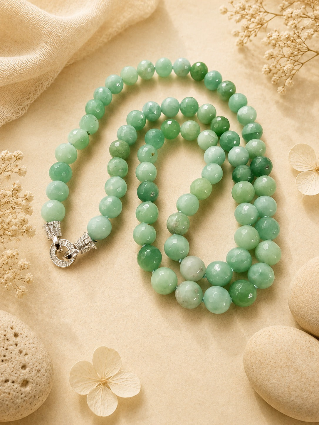 Collana Lunga in Avventurina Verde Sfaccettata – chiusura in Argento 925