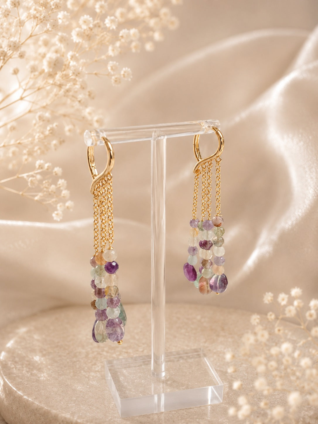 Orecchini pendenti in Fluorite Arcobaleno – Cascata di pietre naturali