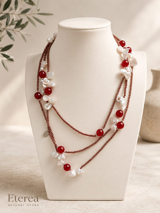 Collana Lunga Perle e Giada Rossa – Cristalli Bronzati Sfaccettati | Eterea Natural Stone