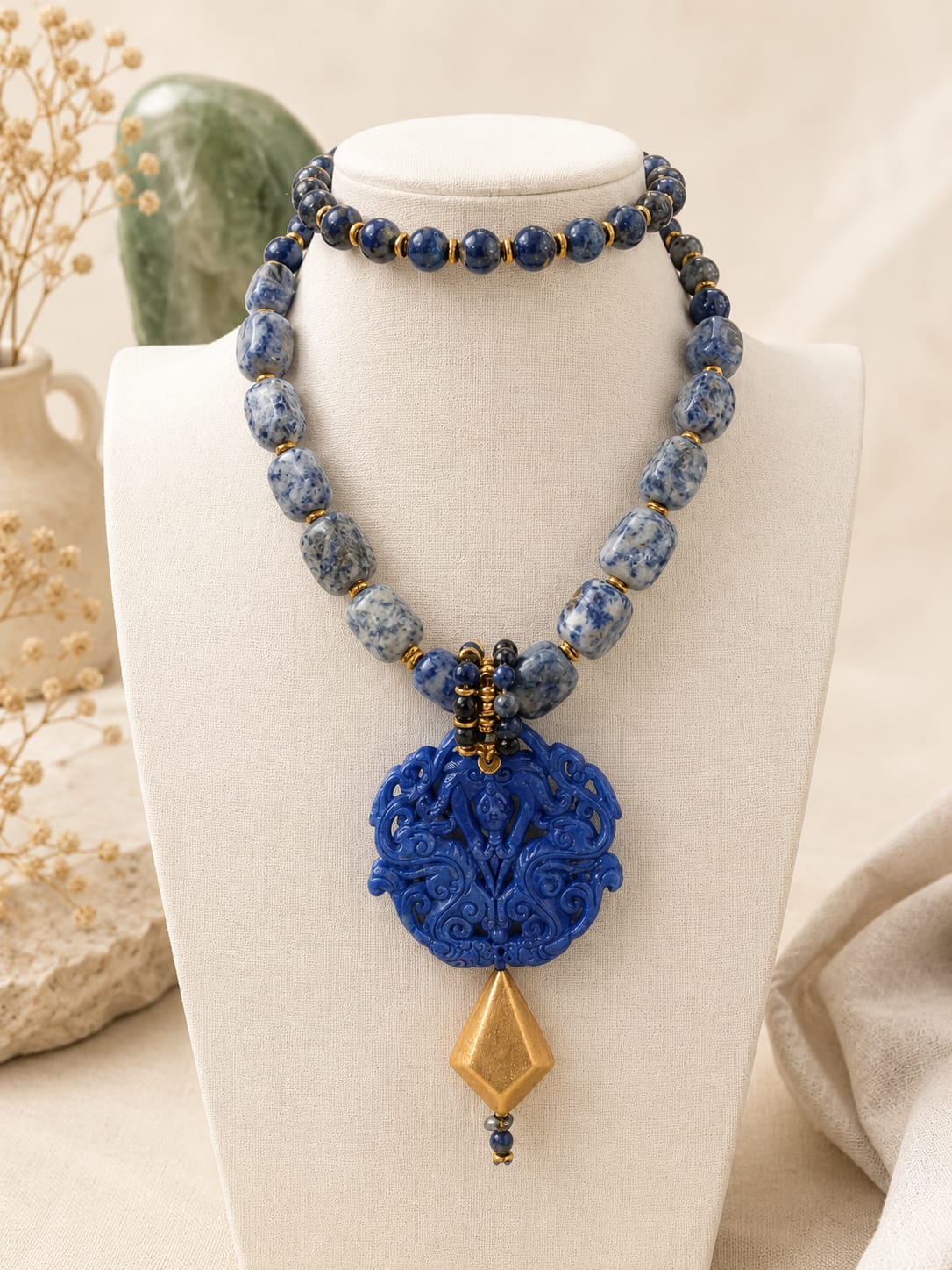 collana-sodalite-lapislazzuli-pendente-intagliato Eterea Natural Stone