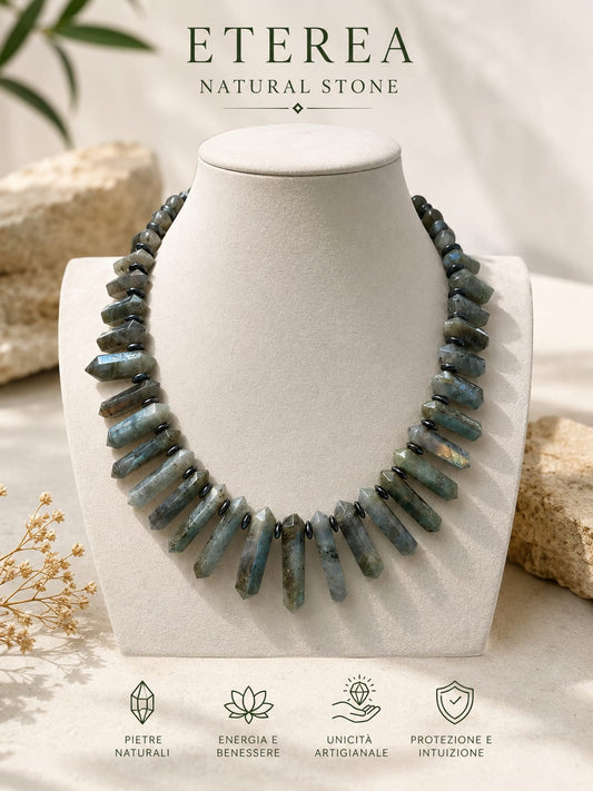 Collana lunga in labradorite naturale con punte sfaccettate a scalare Eterea Natural Stone