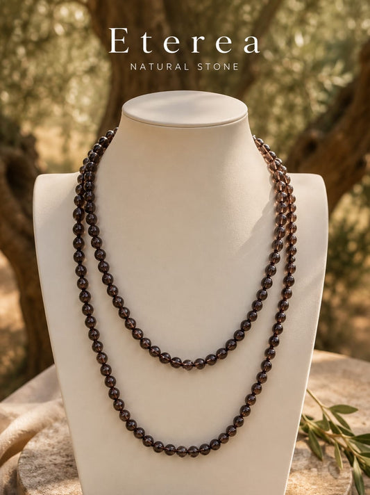 Collana Lunga in Quarzo Fumé Naturale 8 mm – Annodata a Mano – 120 cm