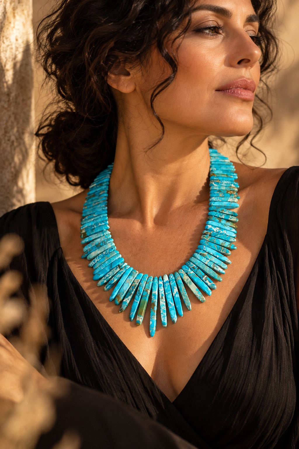Collier girocollo artigianale in Sea Sediment Jasper blu con grandi piastre a pettine degradanti e chiusura a molla in argento 925 – Iside di Eterea Natural Stone