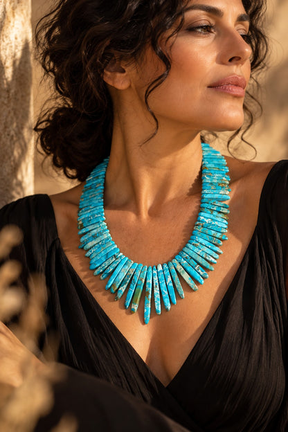 Collier girocollo artigianale in Sea Sediment Jasper blu con grandi piastre a pettine degradanti e chiusura a molla in argento 925 – Iside di Eterea Natural Stone
