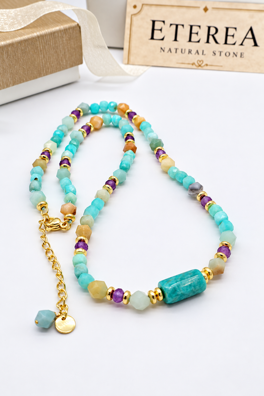 Collana Laguna in Amazzonite Multicolor e Ametista – 45 cm