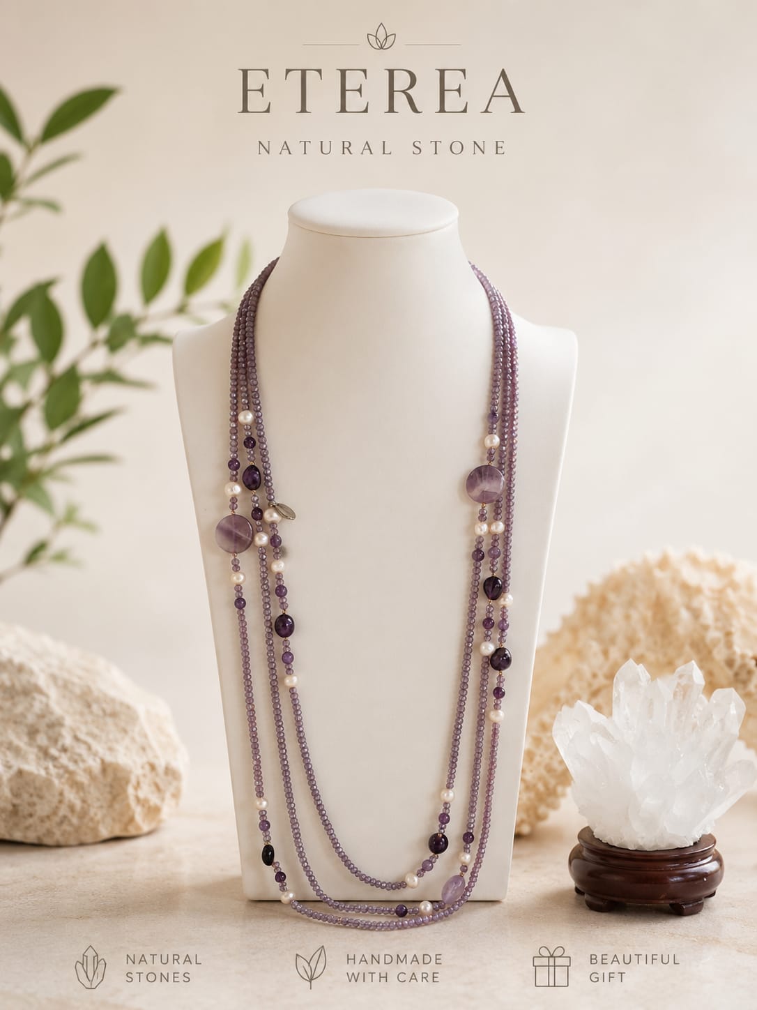 Collana Lunga Multifilo in Ametista, Cristalli Sfaccettati e Perle di Fiume – 100 cm