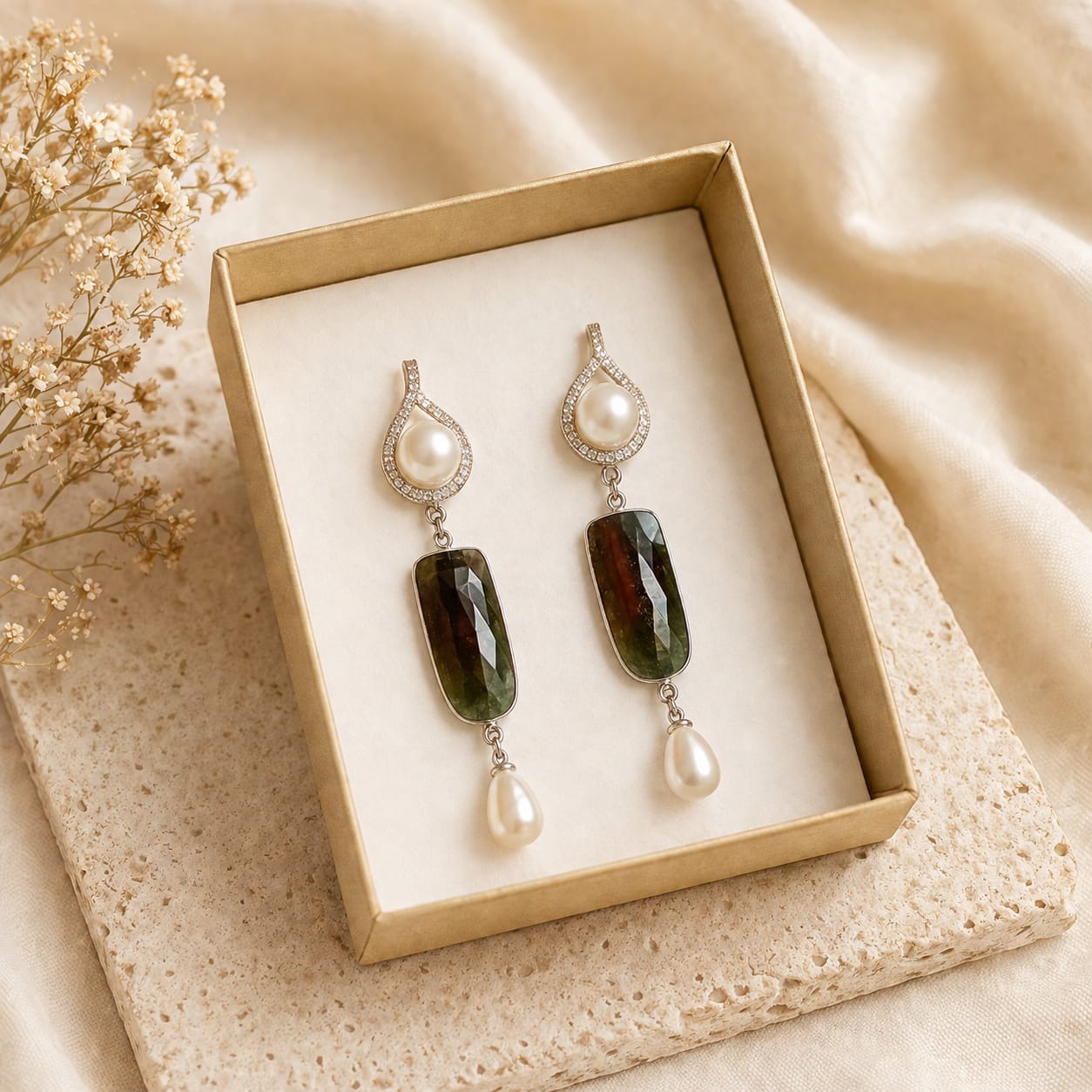 Orecchini Pendenti in Argento 925 con Zoisite e Perle di Fiume Eterea Natural Stone