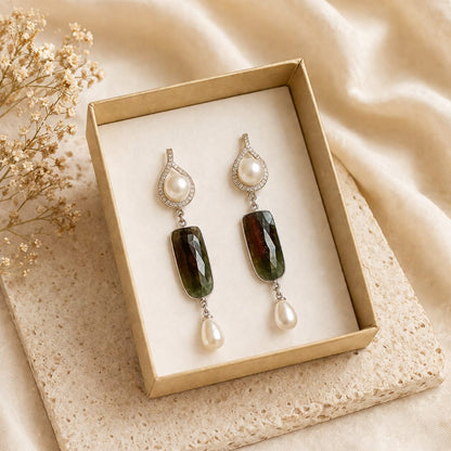 Orecchini Pendenti in Argento 925 con Zoisite e Perle di Fiume Eterea Natural Stone