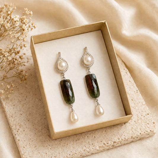 Orecchini Pendenti in Argento 925 con Zoisite e Perle di Fiume Eterea Natural Stone