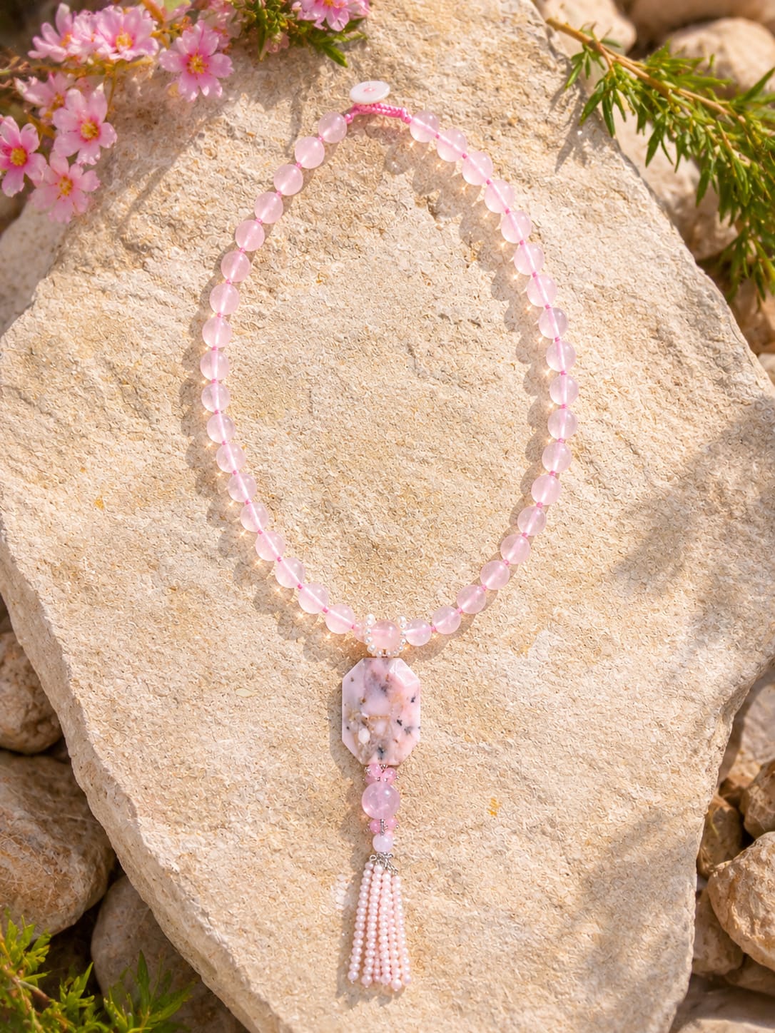 Girocollo Quarzo Rosa e Opale Rosa con Ciondolo e Nappa di Cristalli – 55 cm