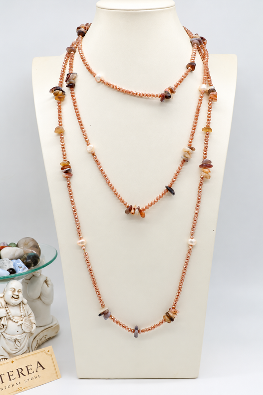 Collana lunga 160 cm in Agata Botswana, Cristalli Cipollotti Rosa e Perle d'Acqua Dolce