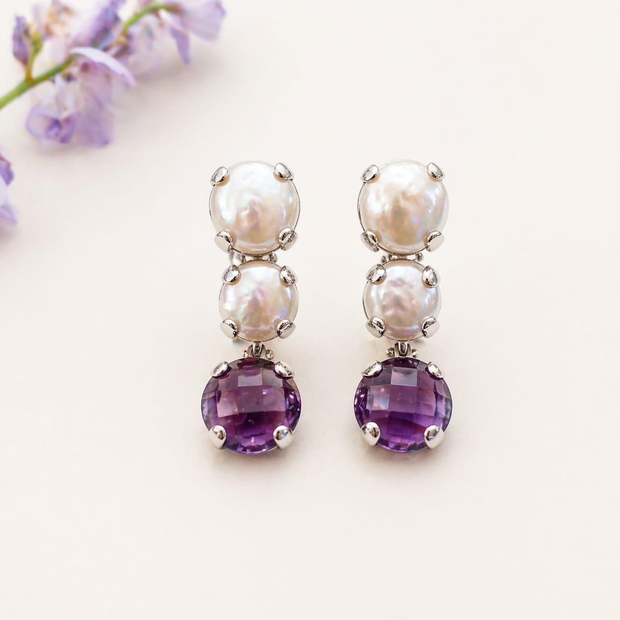 Orecchini in argento 925 con Perle Naturali e Ametista viola eleganti