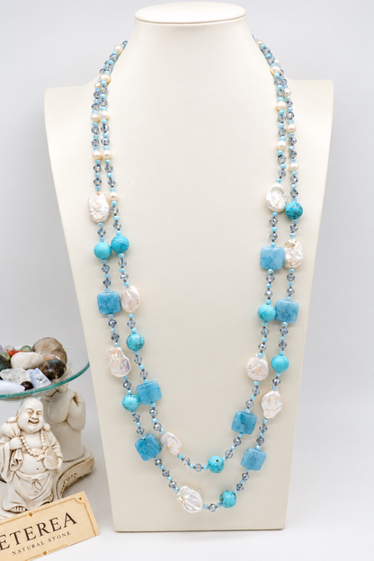 Collier modulable à deux rangs en amazonite turquoise, pierres naturelles et perles baroques