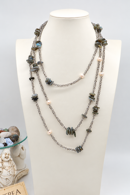 Collana Lunga 160 cm in Labradorite, Cristalli Sfaccettati e Perle Naturali Eterea Natural Stone