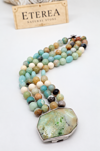 Bracciale multifilo Eterea in Crisopasio sfaccettato, Amazzonite, Acquamarina, Berillo e Osso bianco con chiusura in Argento 925