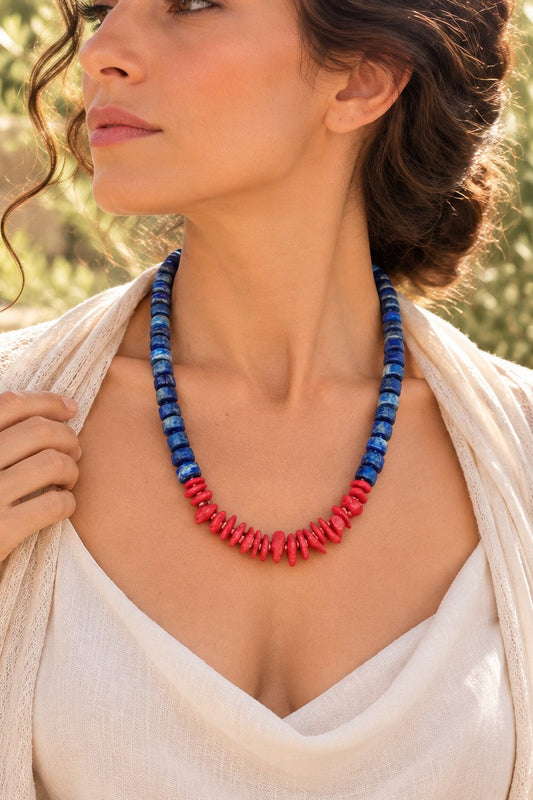 Collana in lapislazzuli e corallo rosso naturale, 60 cm, con chiusura in argento dorato