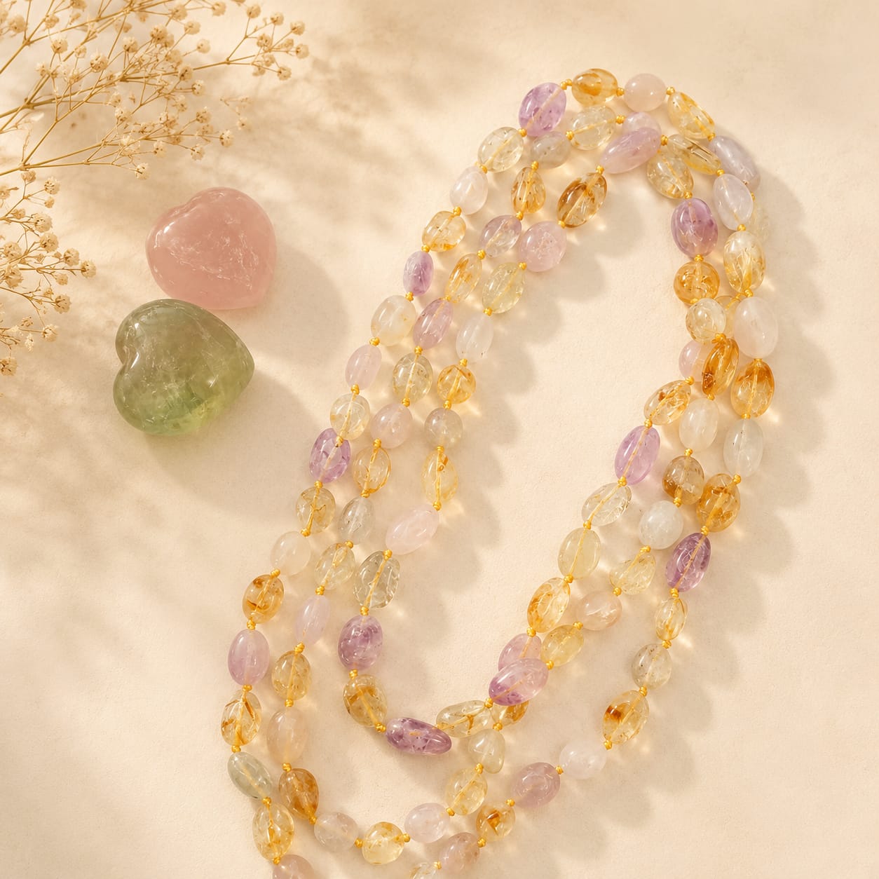 Collana Lunga Ametista Lavanda & Quarzo Citrino Naturale – 120 cm