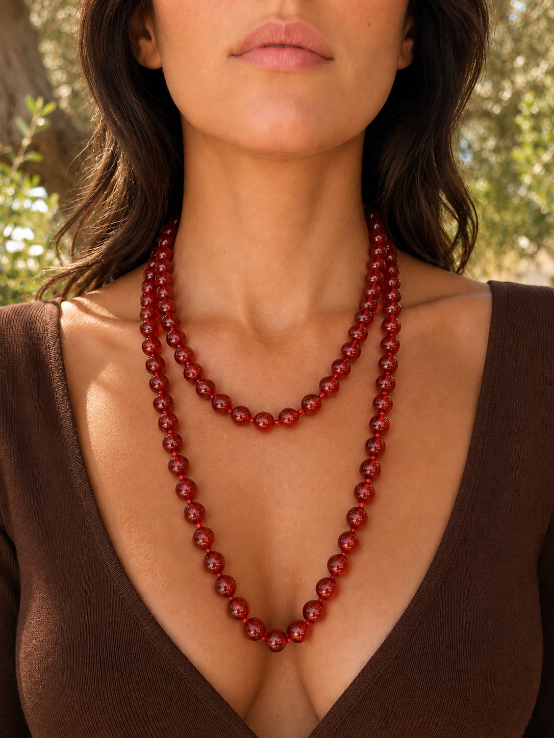 Collana lunga in Corniola naturale – 120 cm – Pietre 10 mm – Annodata a mano
