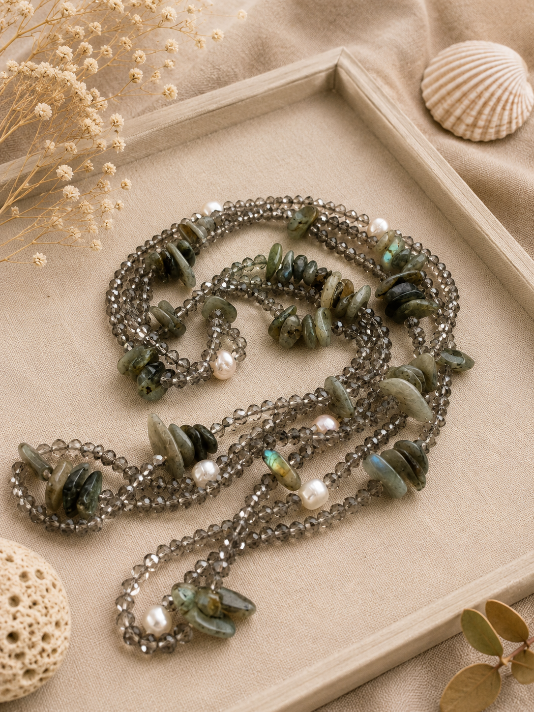 Collana Lunga 160 cm in Labradorite, Cristalli Sfaccettati e Perle Naturali