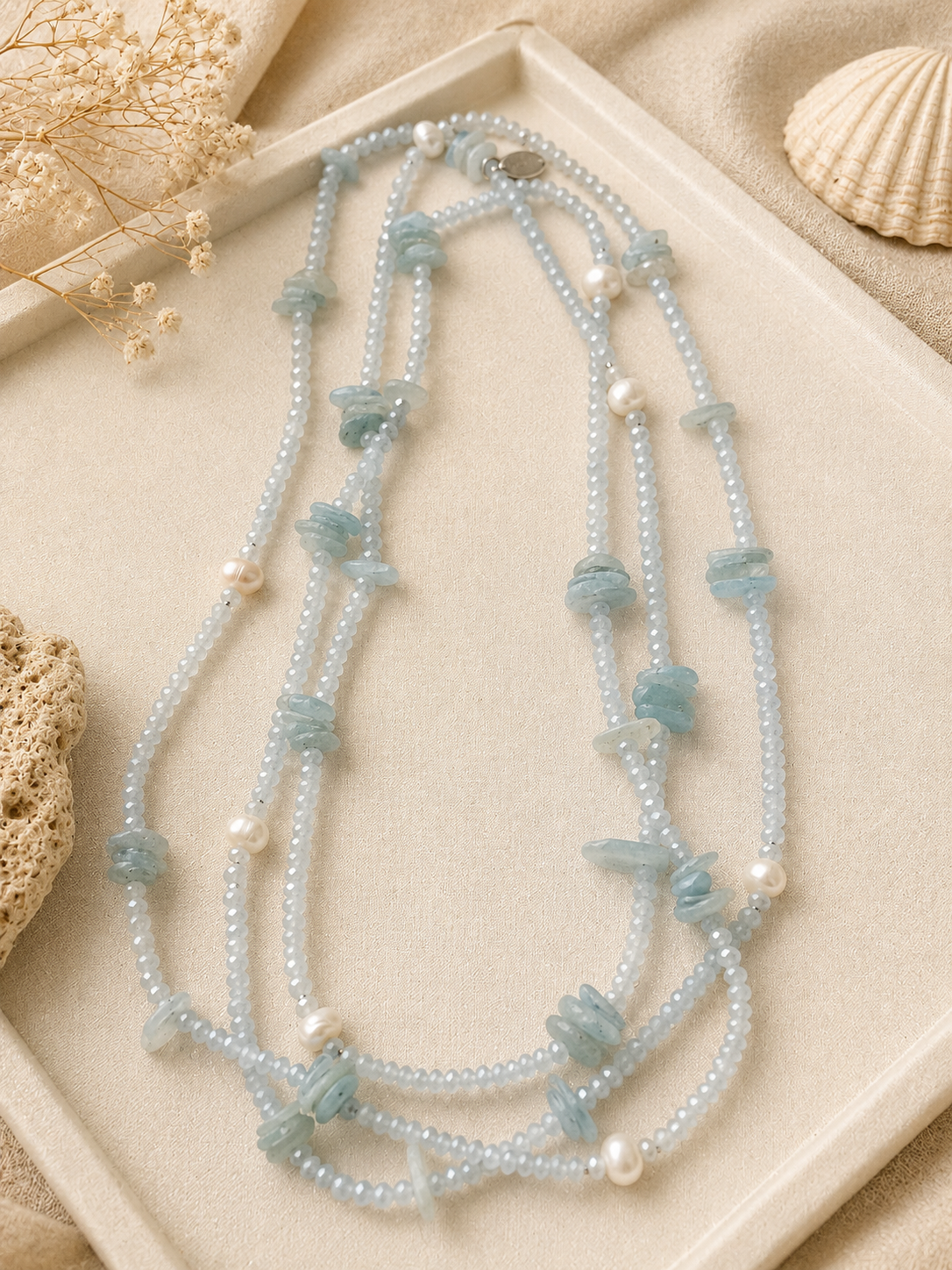 Collana Lunga 160 cm Acquamarina, Cristalli e Perle di Fiume