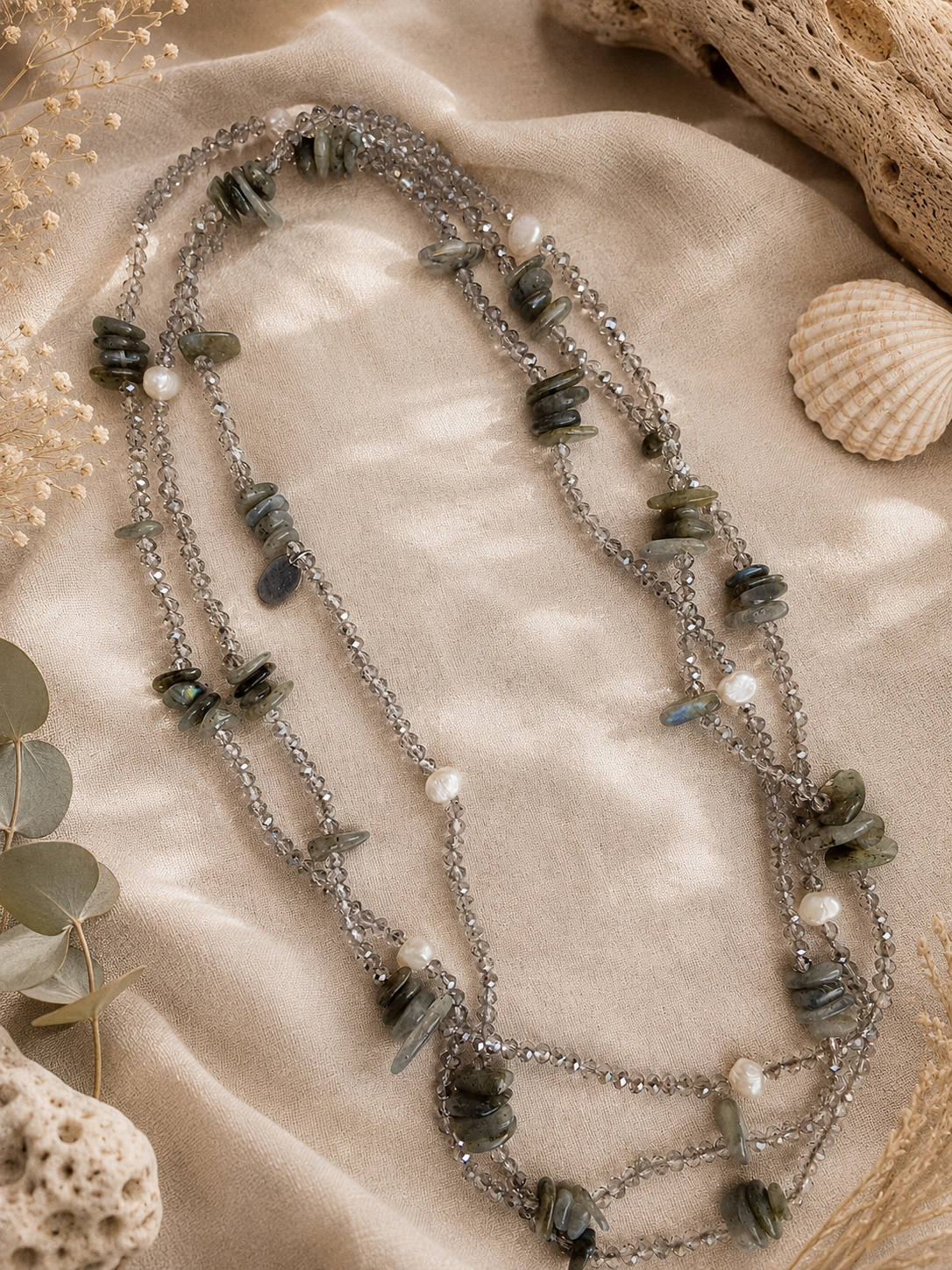 Collana Lunga 160 cm in Labradorite, Cristalli Sfaccettati e Perle Naturali