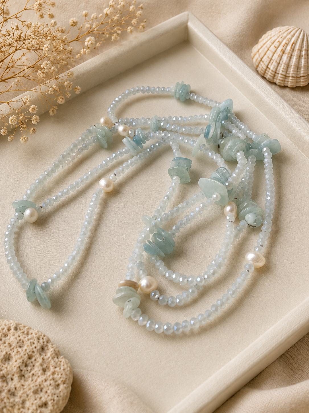 Collana Lunga 160 cm Acquamarina, Cristalli e Perle di Fiume