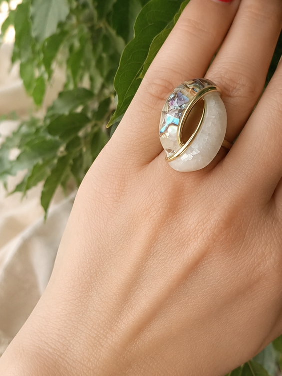 Anello in Abalone Naturale e Acciaio Inossidabile Color Oro