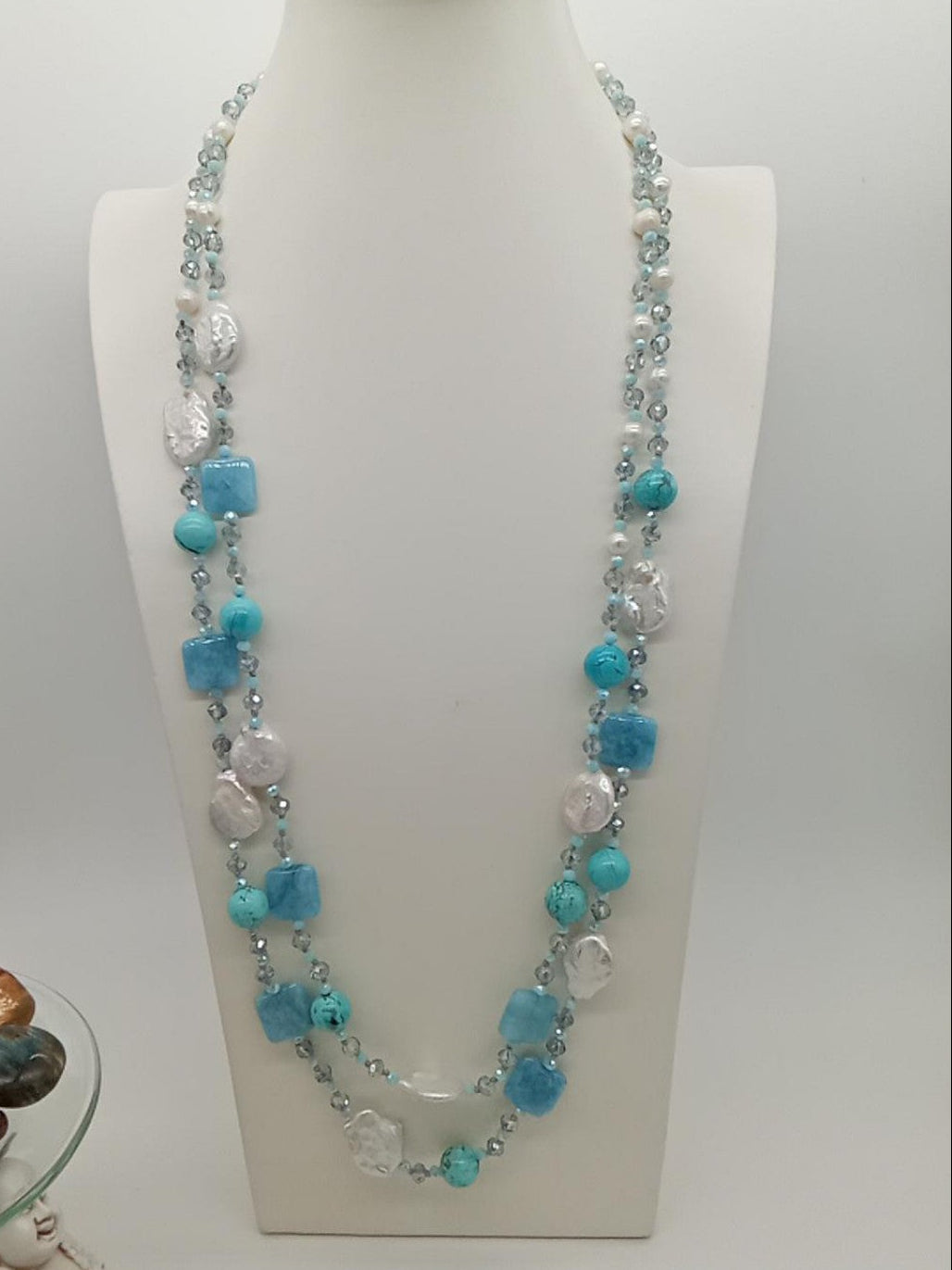 Collana Componibile a Due Fili in Amazzonite Turchese, Pietre Naturali e Perle Scaramazze