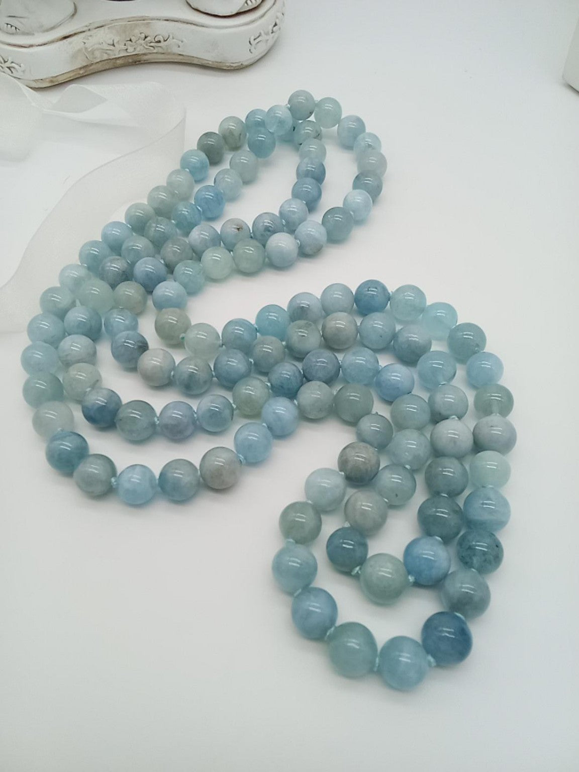 Collana Lunga in Acquamarina Naturale 120 cm – Sfere 10 mm