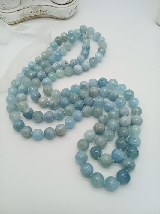 Collana Lunga in Acquamarina Naturale 120 cm – Sfere 10 mm