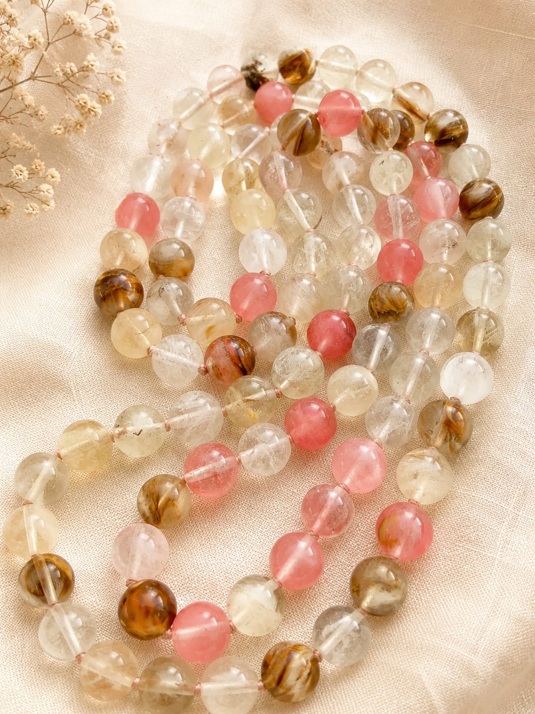 Collana Lunga 120 cm in Quarzi Naturali Mix 12 mm – Annodata a Mano